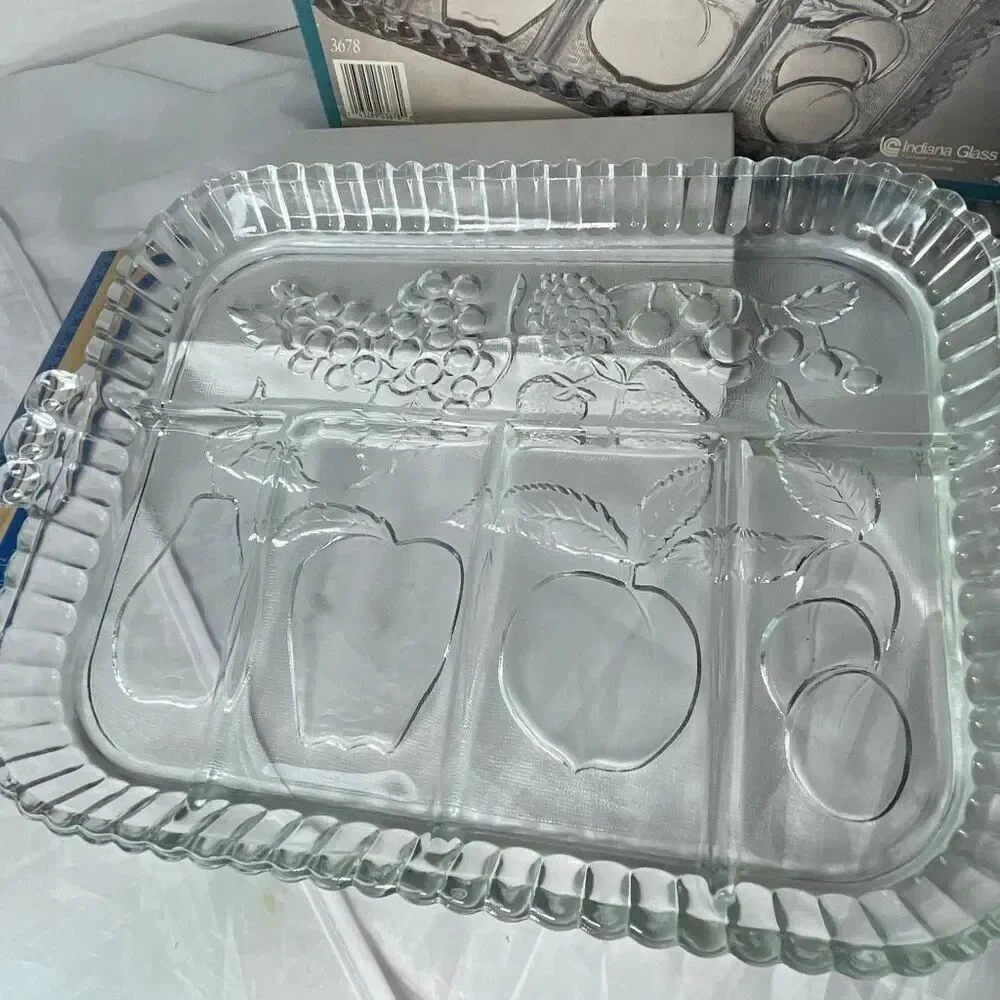Vintage Indiana glass Crystal Happenings 5 part relish tray veggies fruit